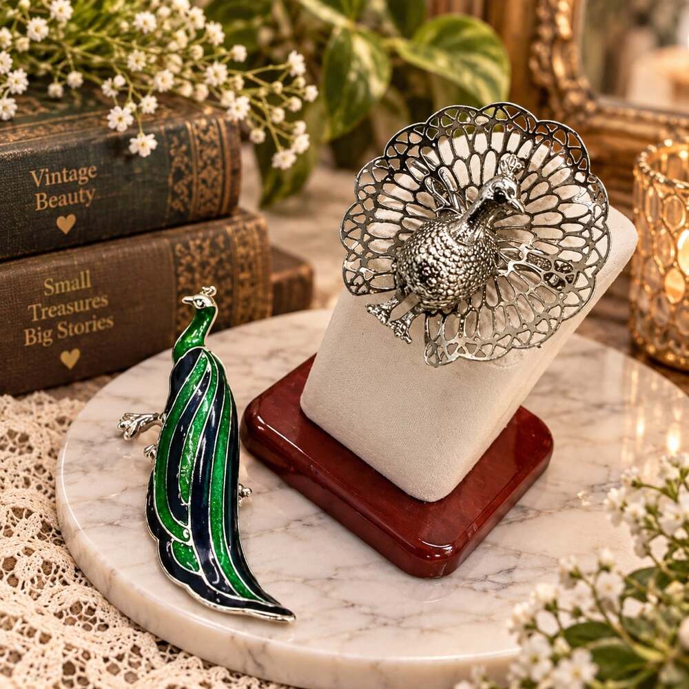 LOT Vtg Peacock Brooches Silver Tone 3D Filigree & Silver Tone Green Blue Enamel